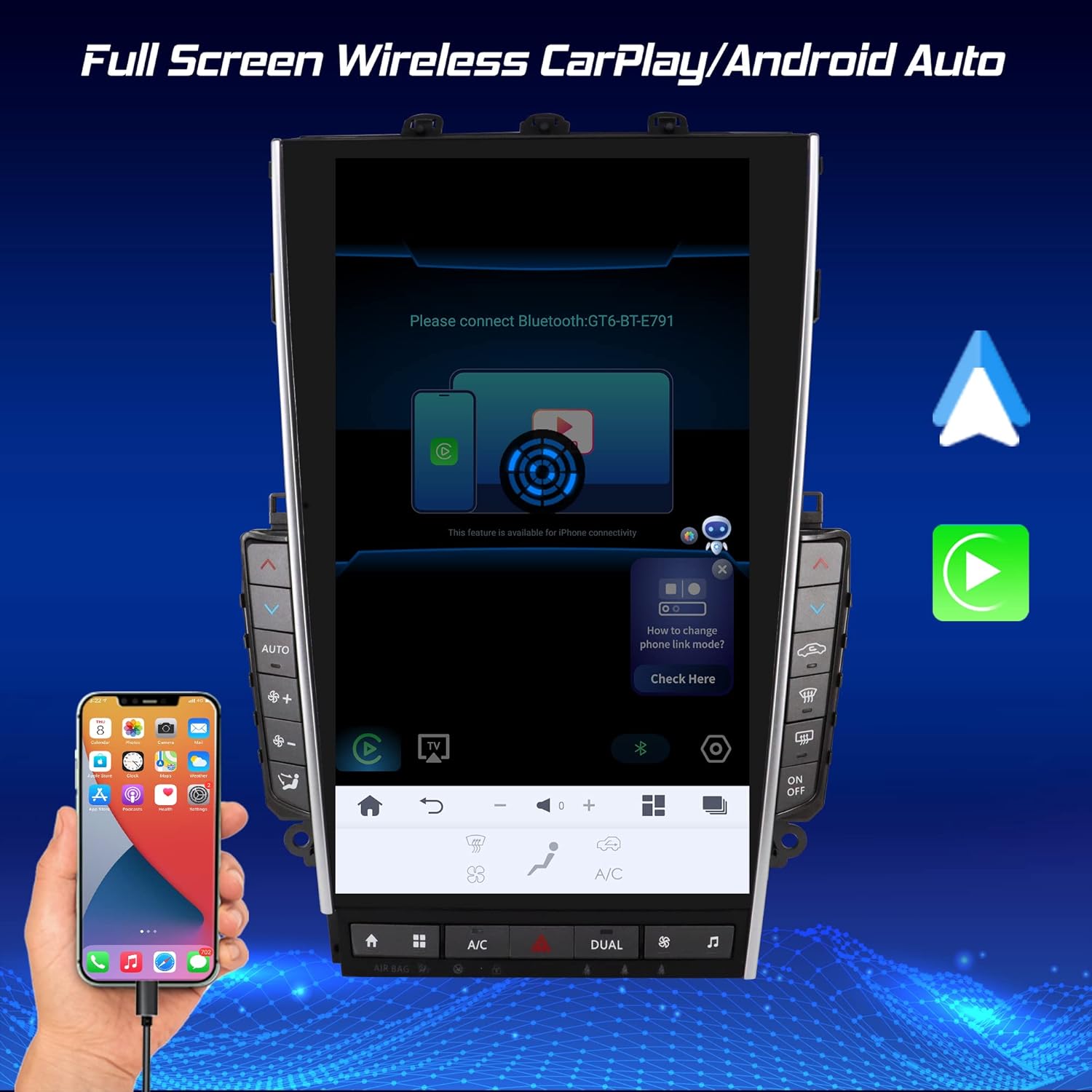 13.6" Mark 7 Tesla Android 13 Screen for Infiniti Q50 Q50L Q60 Q60L 2014-2022 Wireless Apple CarPlay Android Auto GPS Navigation Radio