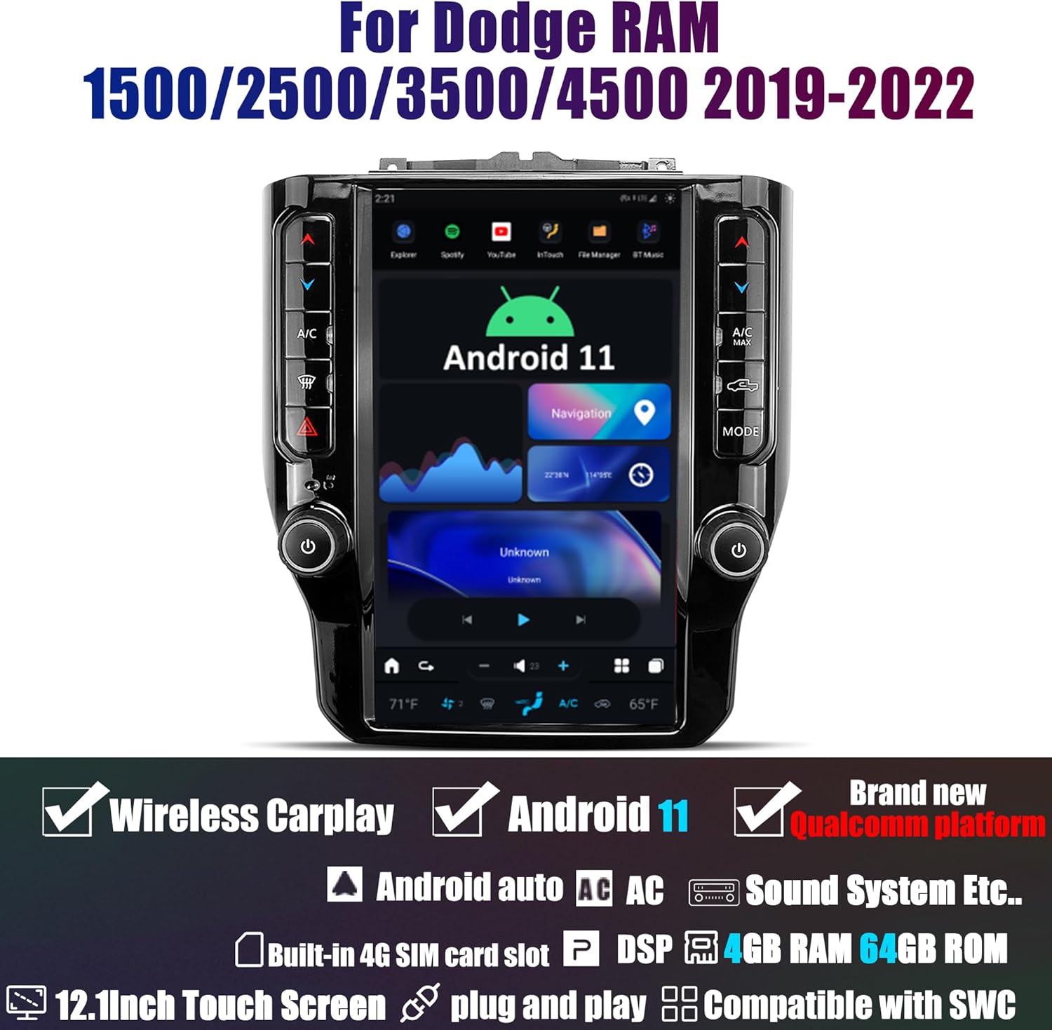 12.1" Tesla Style Android Car Radio for Dodge RAM 1500 2500 3500 4500 2019-2022 - Wireless Carplay, Android Auto, GPS Navigation