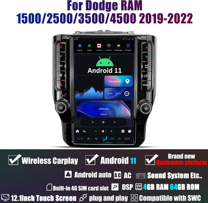 12.1" Tesla Style Android Car Radio for Dodge RAM 1500 2500 3500 4500 2019-2022 - Wireless Carplay, Android Auto, GPS Navigation