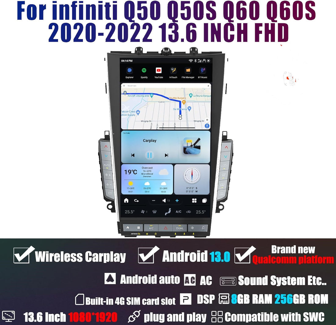Tesla Android 13 13.6″ Car Radio GPS Navigation for Infiniti Mark7 MK7 Q50 Q50S Q60 Q60S 2020-2022 Car Multimedia Stereo Player Car Video