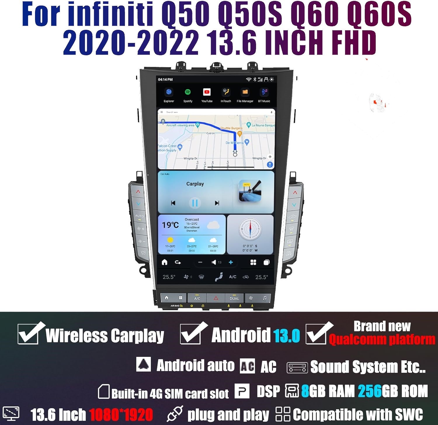 Tesla Android 13 13.6″ Car Radio GPS Navigation for Infiniti Mark7 MK7 Q50 Q50S Q60 Q60S 2020-2022 Car Multimedia Stereo Player Car Video