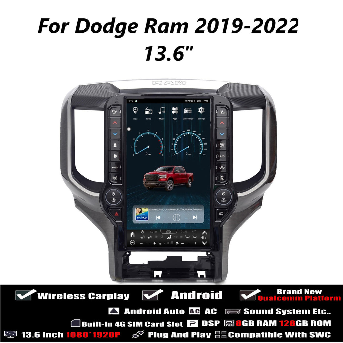 Tesla Android 13.6″ Car Radio GPS Navigation For Dodge Ram 2019-2022 Car Multimedia Stereo Player Car Video