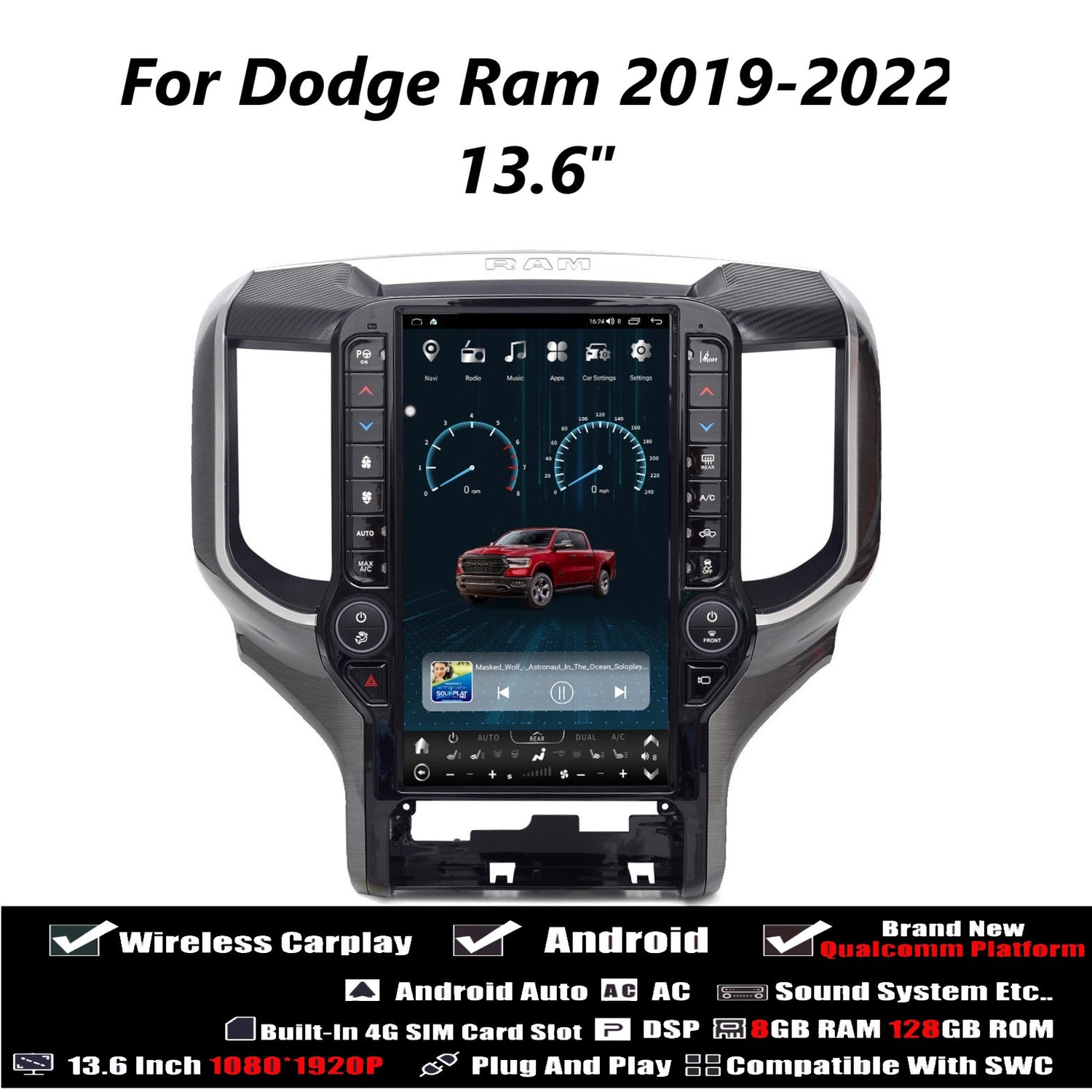 Tesla Android 13.6″ Car Radio GPS Navigation For Dodge Ram 2019-2022 Car Multimedia Stereo Player Car Video
