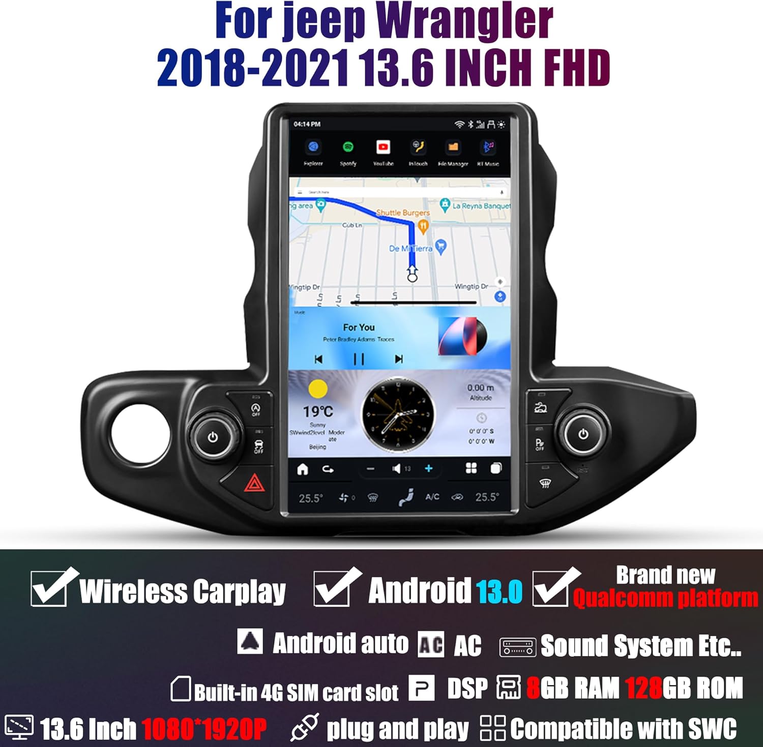 13.6" Tesla Screen for Jeep Wrangler Gladiator  2018-2021 | Wireless Carplay Android Auto Head Unit
