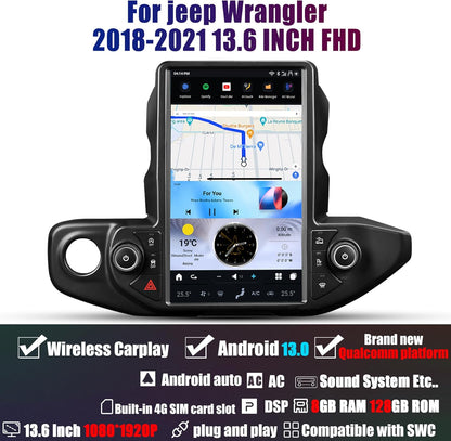 13.6" Tesla Screen for Jeep Wrangler Gladiator  2018-2021 | Wireless Carplay Android Auto Head Unit