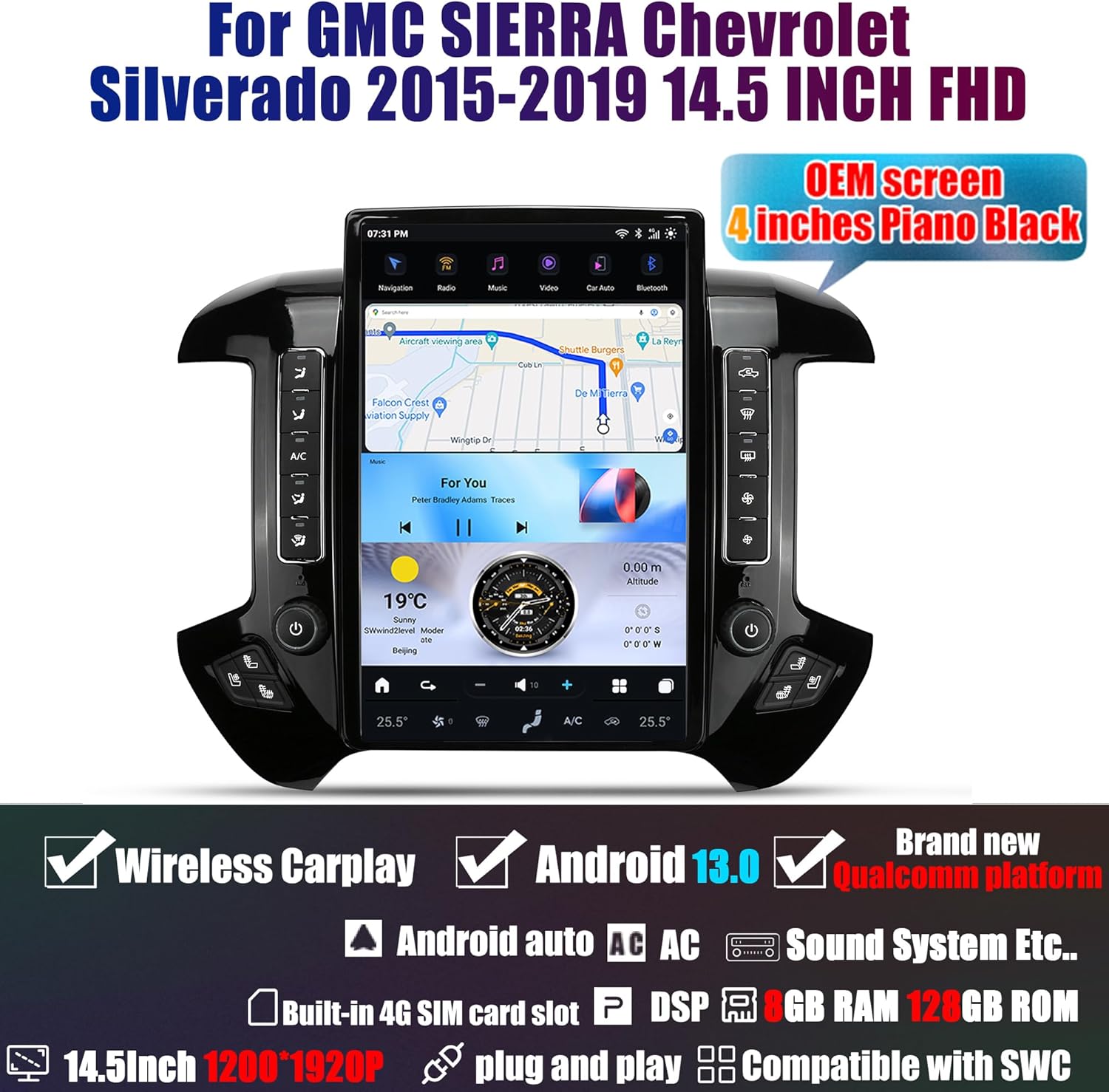 Tesla Android 14.5″ 15.6″ Car Radio GPS Navigation For GMC Sierra Chevrolet Silverado 2014-2019 Car Multimedia Stereo Player