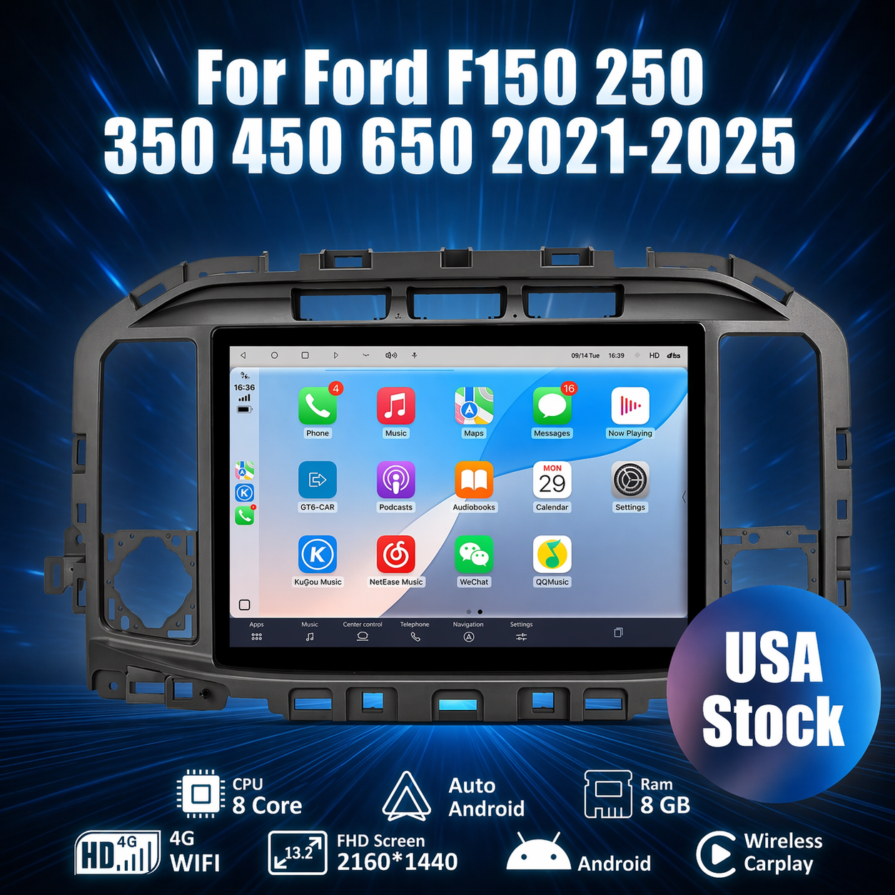 13" Tesla Style Android Car Radio for Ford F150 F250 F350 F450 F650 Raptor 2020-2025 - Wireless CarPlay, Android Auto, GPS