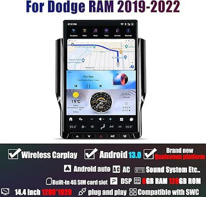 Tesla Android 13 14.4″ Car Radio GPS Navigation For Dodge RAM 2019-2022 Car Multimedia Stereo Player Car Video