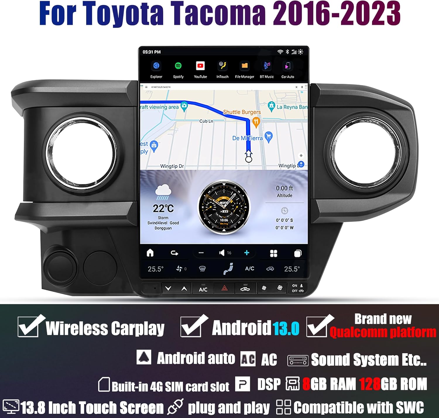 13.8" Android 13 Car Stereo for 2016-2023 Toyota Tacoma | Wireless CarPlay Android Auto | Plug &amp; Play Tesla Style Head Uni