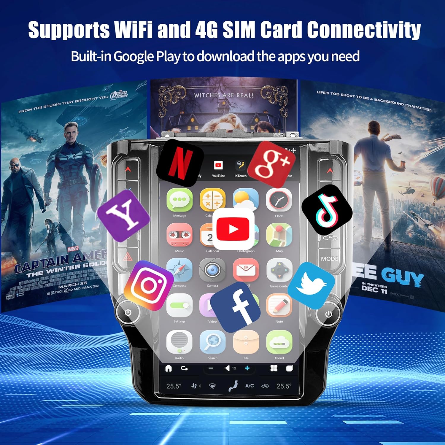 12.1" Tesla Style Android Car Radio for Dodge RAM 1500 2500 3500 4500 2019-2022 - Wireless Carplay, Android Auto, GPS Navigation