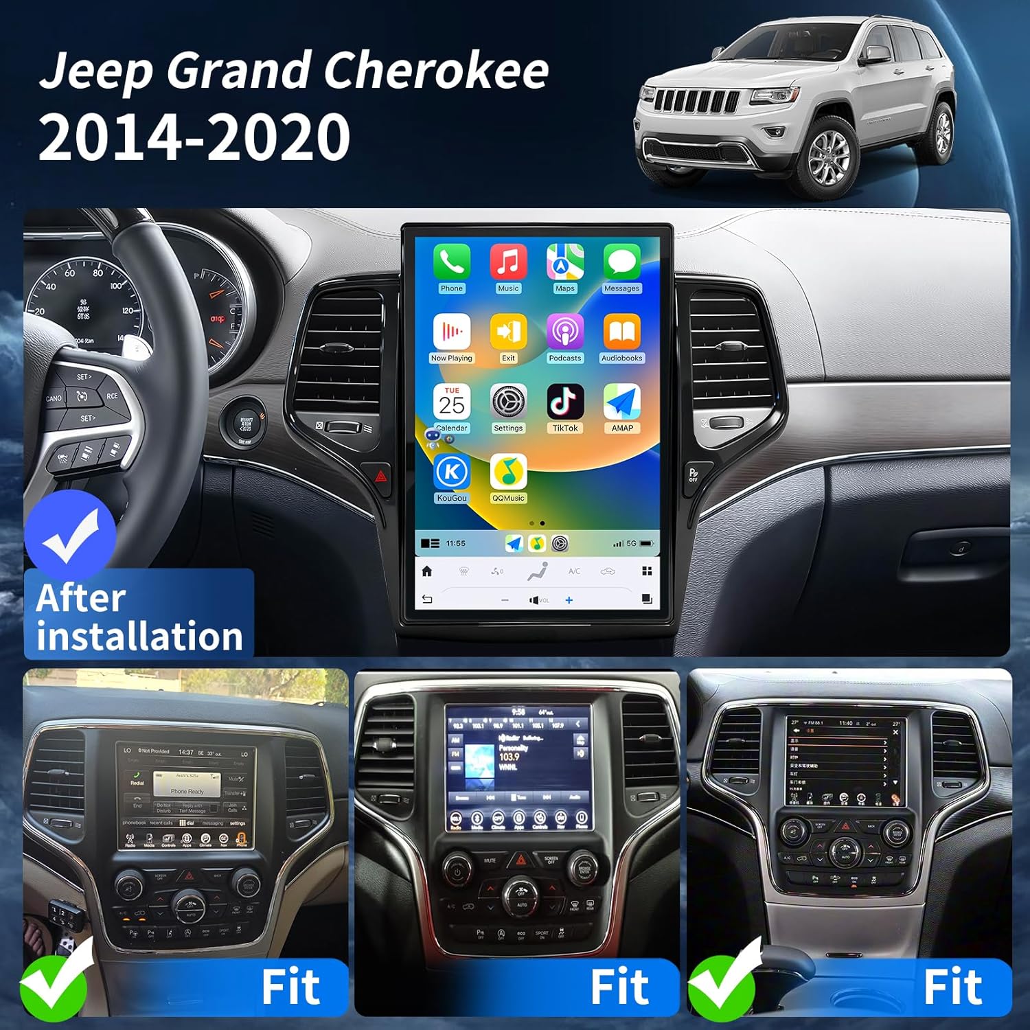 Carify 14.5" Tesla Style Android Screen for Jeep Grand Cherokee 2014-2020 | Wireless Apple CarPlay &amp; Android Auto