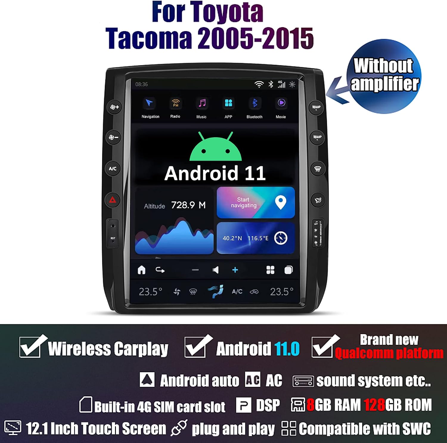 Carify Toyota Tacoma 2005-2015 Tesla Style Android Screen |12.1" Wireless Apple CarPlay &amp; Android Auto